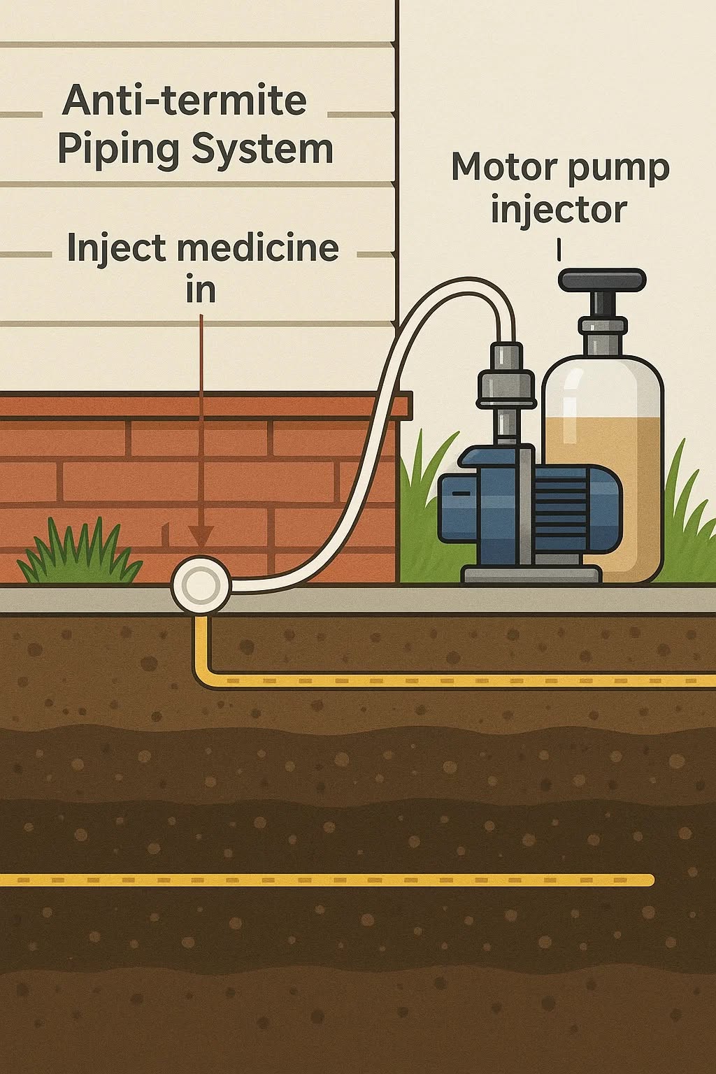 Anti-termite piping system diagram showing motor pump chemical injection