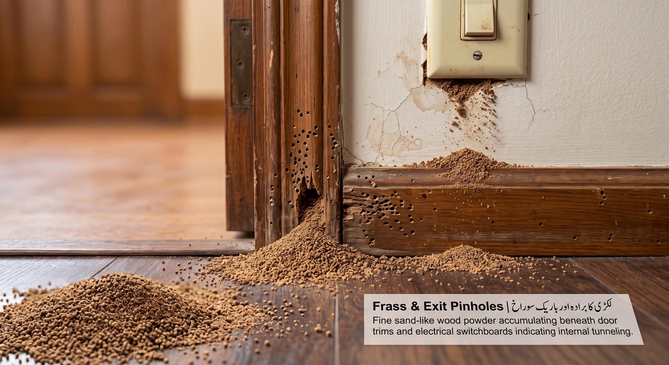 Fine sawdust frass and pinholes beneath cupboards and doors