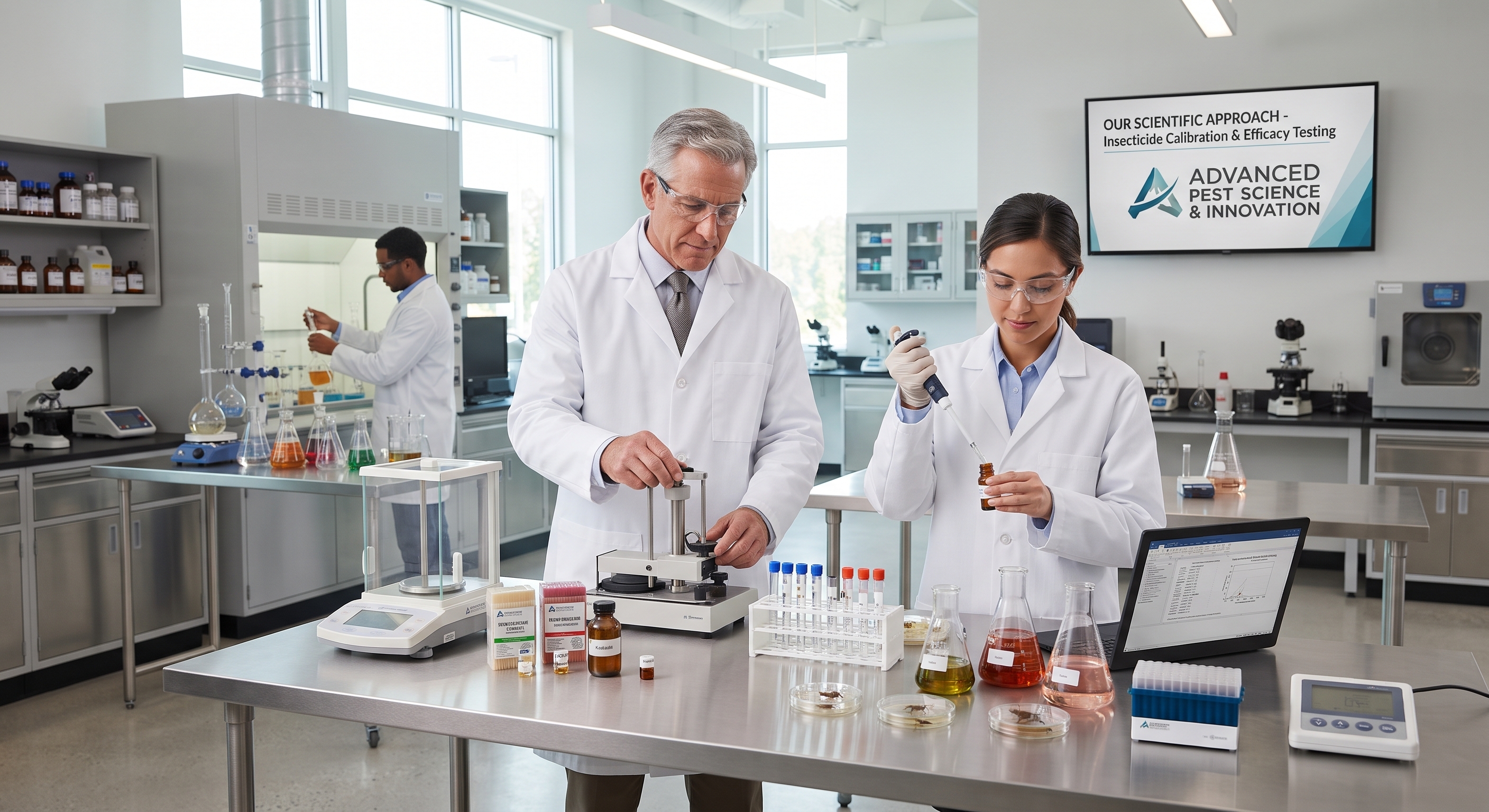 Senior entomologist and assistants calibrating insecticides in a science laboratory with test tubes and flasks